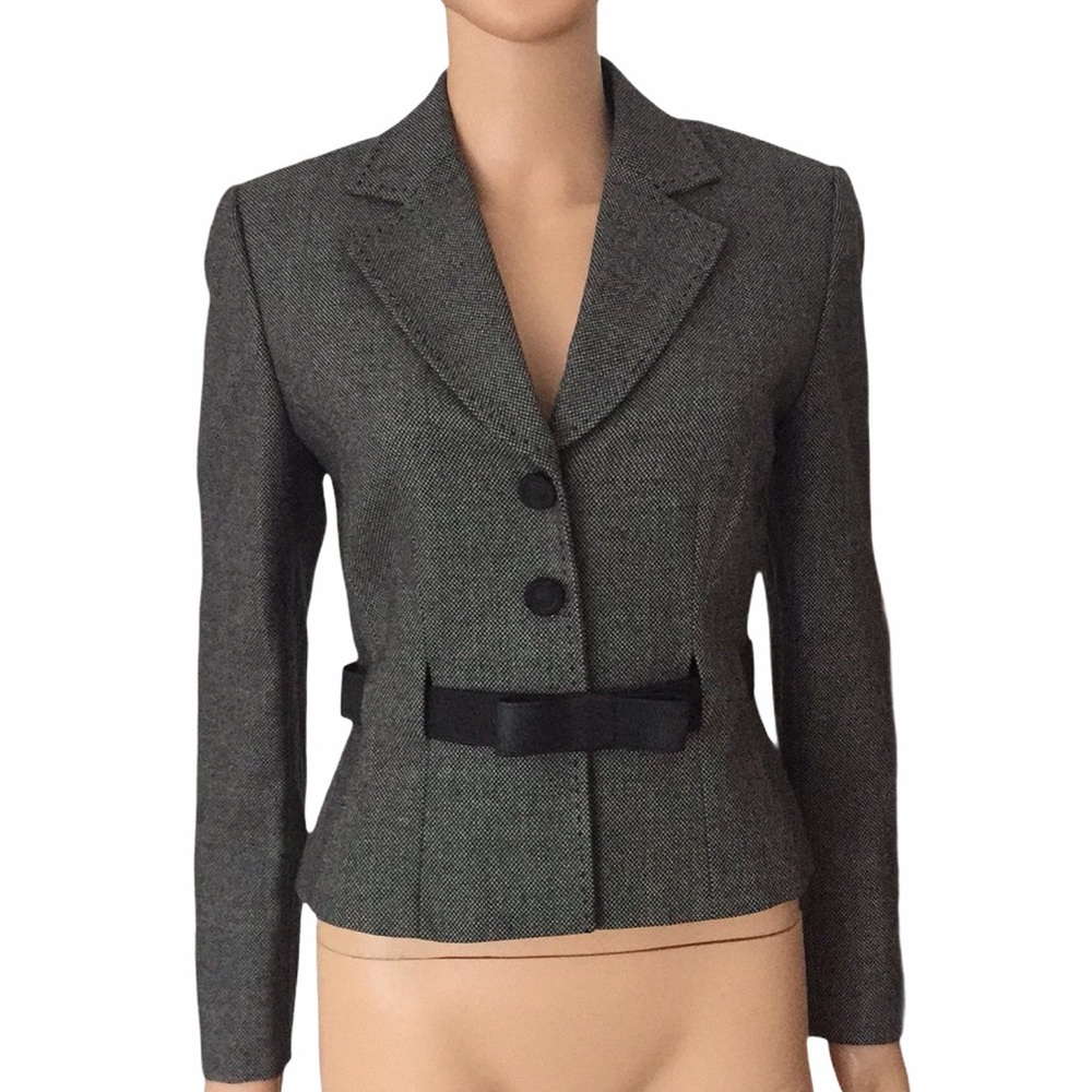 Tahari 100% Wool Belted Blazer Black White Tailored Jacket Size 6